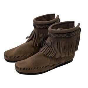 Minnetonka Ankle Boots Women’s Suede Moccasins Brown Zip Closure W/Fringe Sz 6.5